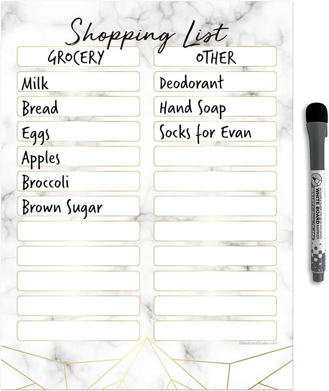 Dry Erase Shopping List Vinyl Sticker Decal Whiteboard by Glassboard Studio | Removable & Reusable | Magnetic Fine-Tip Marker Included (9 x 12 inches, Marble)
