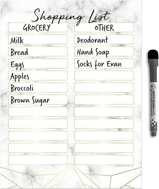 Dry Erase Shopping List Vinyl Sticker Decal Whiteboard by Glassboard Studio | Removable & Reusable | Magnetic Fine-Tip Marker Included (9 x 12 inches, Marble)