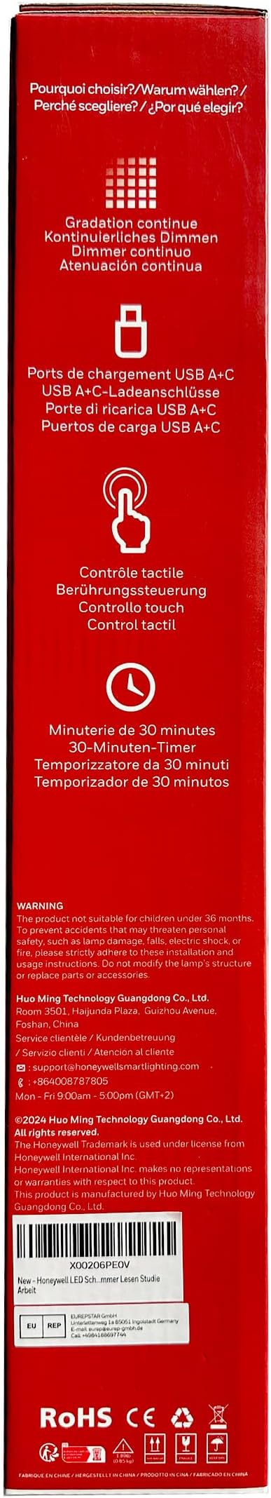 HONEYWELL LED Desk Lamp - HWT-H2 Sunturalux™ Eye-Caring Foldable Desk Light with USB A+C Dual Charging Port 4 Color Modes Dimmable Table Lamp for Home Office Bedroom Reading Study Work - White