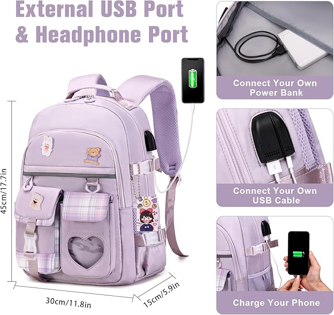 Backpack for Girls - Bookbag Backpacks Schoolbag for Girls Kids Teen Women Casual Travel Daypacks - School Bag Elementary Middle School College Cute Backpack with Lunch Box (Purple)