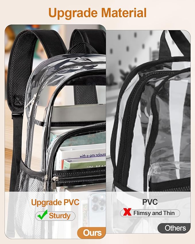 Clear Backpack, Heavy Duty Transparent Bookbag for School with Reinforced Strap for Women, Men, Capacity Bag for College Clear