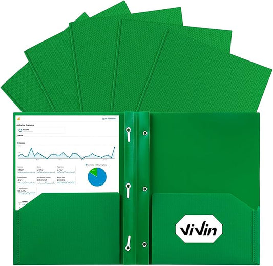 ViVin Sturdy Plastic Folder, 10 Pack, 2 Pocket Folder with Prongs, Holds 8.5 x 11 Letter Size Paper, 3 Prong Folders with Pockets, for School Office and Home - Green
