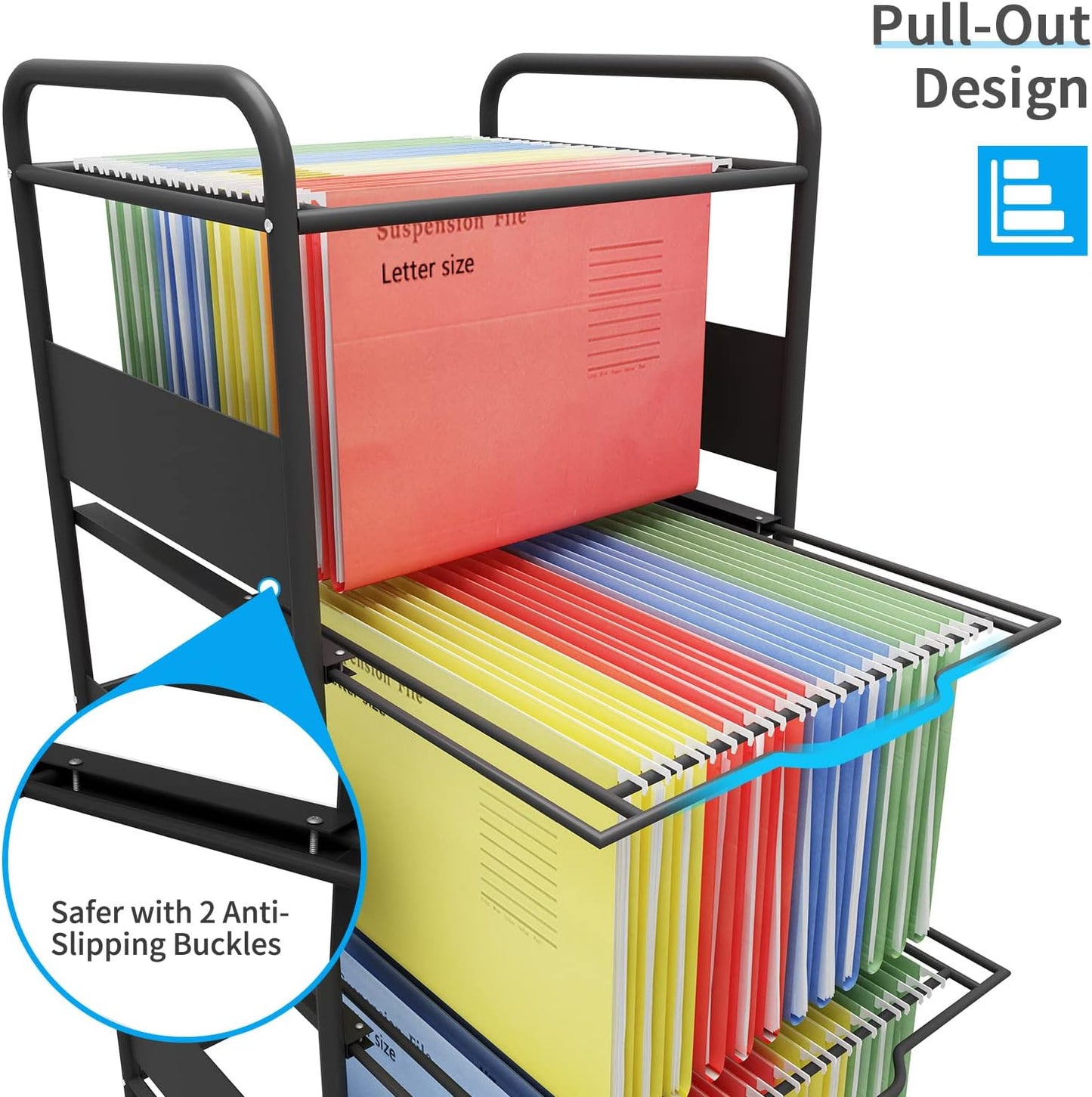 PUNCIA 3 Tiers Metal Rolling File Carts with Wheels Hanging Files for Letter Size Movable Pull-Out File Folder Rack Drawer File Cabinet for Home Office