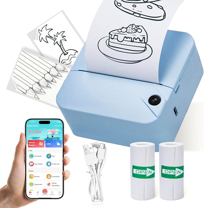 Portable Mini Thermal Printer, Pocket Sticker Maker for Kids Cute Bluetooth Phone Printer with 2 Rolls Paper for Study Graphics, Notes, Fun, DIY, Compatible with Phone or Tablet