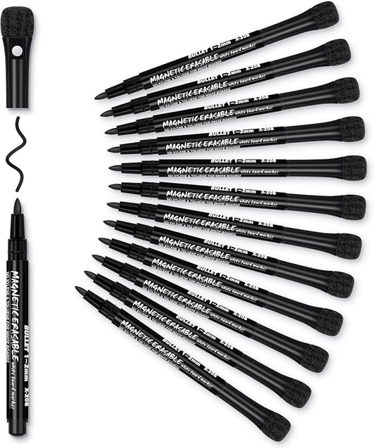 Magnetic Dry Erase Markers Fine Tip Black : 12 White Board Dry Erase Markers with Eraser Cap, Low Odor Erasable Fine Point Markers for Kids & Teachers, Home, Office and School Supplies