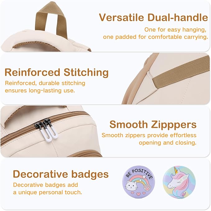 VASCHY Backpack for Girls, Cute School Bag Bookbag for Elementary Middle Schooler Teen Girls/Kids Travel with Clear Pin Pouch Khaki