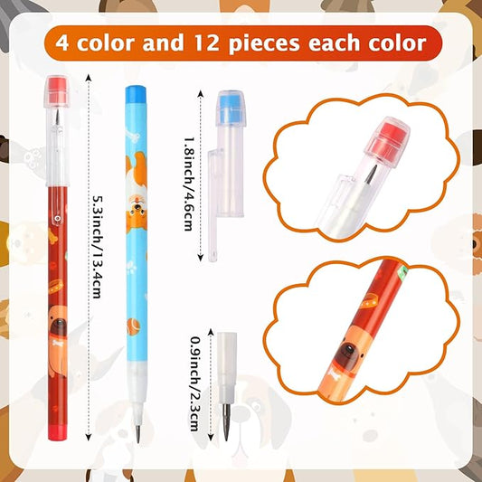 Kolewo4ever 48pcs HB Dog Pencils Kawaii Cute Multipoint Pencil Push Translucent Non Sharpening Stackable Pencils Pop Up Plastic Pencil for Classroom Rewards Carnival Prizes