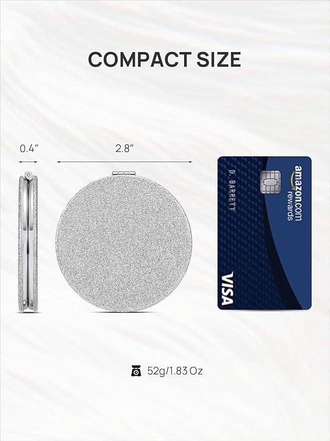 OMIRO 1X/10X Magnifying Compact Mirror with PU Leather, Ultra-Portable for Purses and Travel, Round Silver