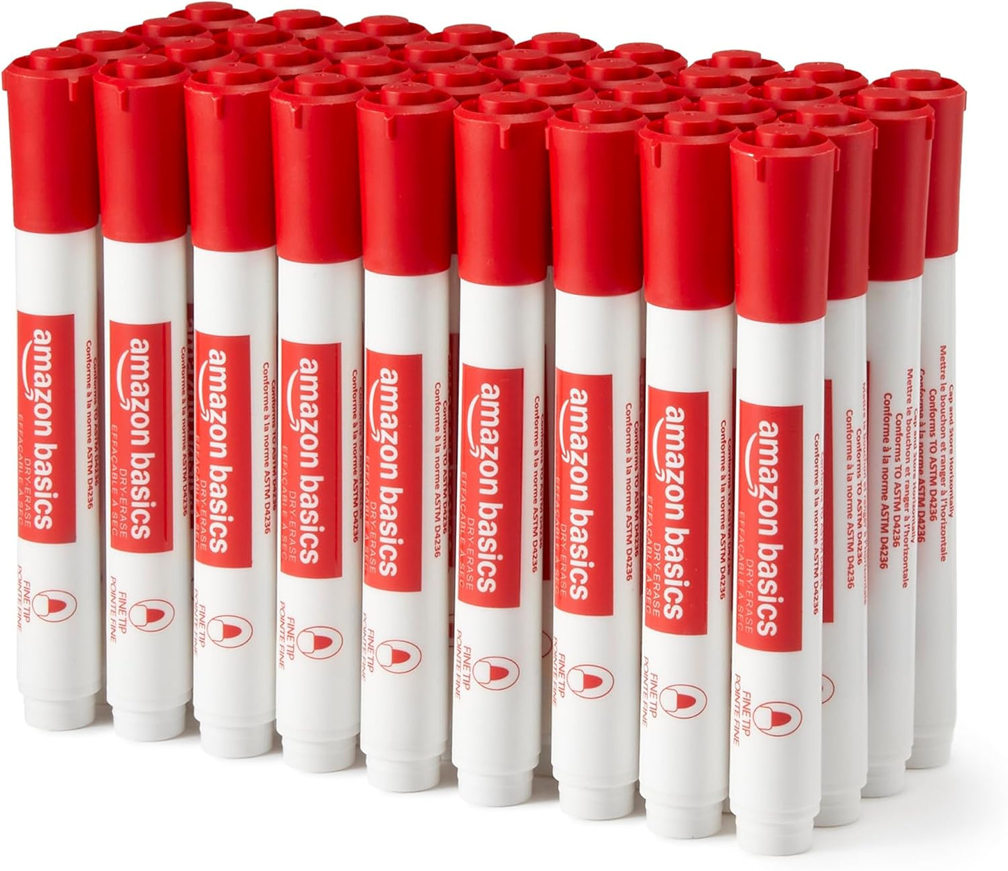 Amazon Basics Low-Odor Dry Erase Whiteboard Markers, Fine Tip, Red, 36 Count