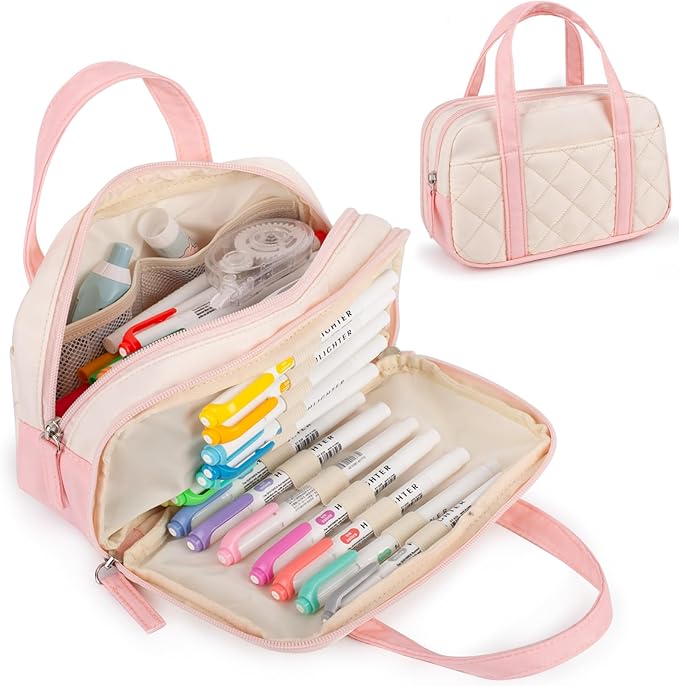 2 Compartment Pencil Case For Girls,Zipper Pencil Bag With Handle, Large Capacity quilting Pencil Pouch Organizer Aesthetic, Womens Soft Pencil Box Marker Pouch For Middle School Office College