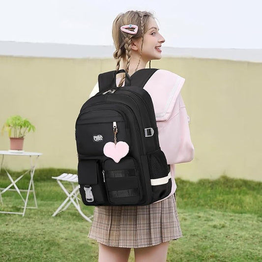 3PCS Student Backpack For School Women College Middle High Teen Girls Bookbag Waterproof Laptop Bag Black