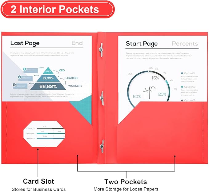 SUIN Plastic Project-Folders with 2 Pockets & 3 Prong, Bulk Pack Project File-Folder for US Letter Size Papers, Ideal for School & Office, Assorted Pastel Colors (Red)