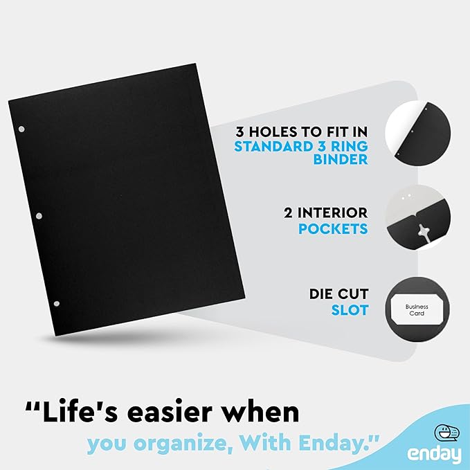 Black Paper Folders with Pockets (100 Pack) - Letter Size Two Pocket Folder Bulk, Premium Quality, Portfolio - by Enday