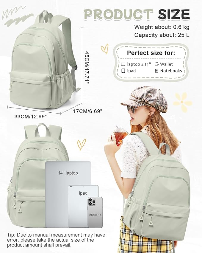 BJLFS Small Light Green Backpack for Women, Waterproof Backpack for Men, Lightweight Travel Back Pack Casual Daypack Rucksack