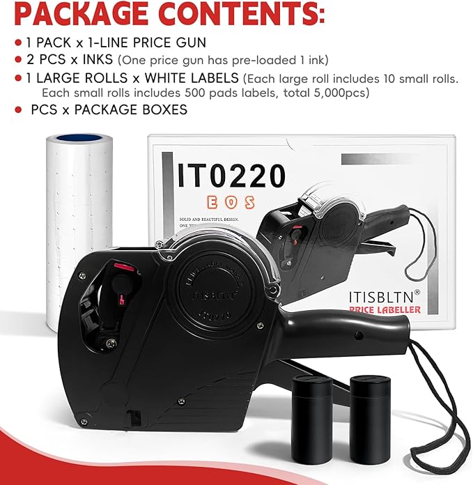 1 Line Price Gun & 8 Characters Price Tag Gun Black Pricing Gun Kit – Includes 5,000 Blank White Price Labels, 2 Ink Rollers, 1 Ink roll pre-Loaded