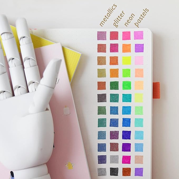 Primrosia 48 Glitter Gel Pens, inc. Metallic, Pastel & Flourescent for Adult Coloring Book & Bullet Journal Pens. No-Bleed-Through in a Variety of Shades, 7.5x More Ink Fine Point Markers Set