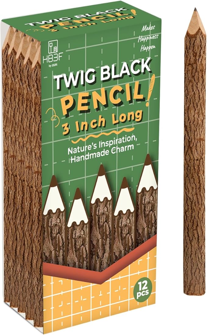 BSIRI Black 3 Inch Wood of 12 in Pack Tree Bark Pencil Favors in Wooden Rustic Twig Pencils Unique Camping Gifts Decorations Party Supplies Novelty Gifts Natural Kid