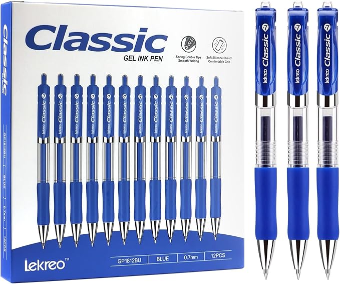 Classic Retractable Gel Roller Pens, 0.7mm Fine Point, Blue Ink (Blue Ink - 12 Packs)