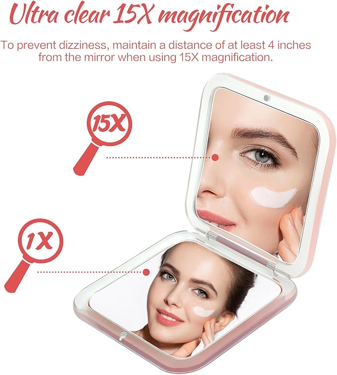 Compact Travel Magnifying Mirror - Snowflakes Small Pocket Mirror -1x/15x Magnification Cosmetic Mirrors Handheld Portable for Travel and Purses (Pink)