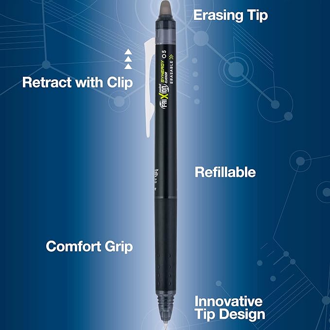 Pilot, FriXion Synergy Clicker Erasable, Refillable, Retractable Gel Ink Pens, Extra Fine Point 0.5 mm, Pack of 7, Assorted Colors