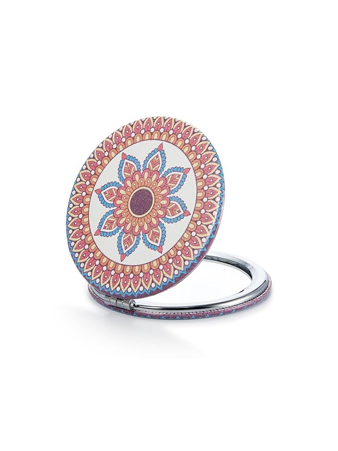 OMIRO 1X/10X Compact Magnifying Mirror, Unique Painting Pocket Mirror with Classical PU Leather (Round, Red Flower Mandala)