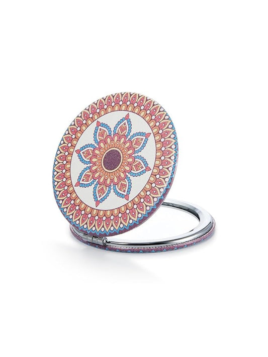 OMIRO 1X/10X Compact Magnifying Mirror, Unique Painting Pocket Mirror with Classical PU Leather (Round, Red Flower Mandala)