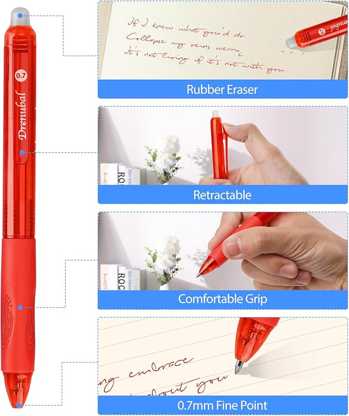 8-Pack Red Erasable Pens, Gel Pens,Red pens,Red Ink pens, 0.7mm Fine Point, Smooth Writing & Clean Erase Perfect for School, Office, Kids & Gift