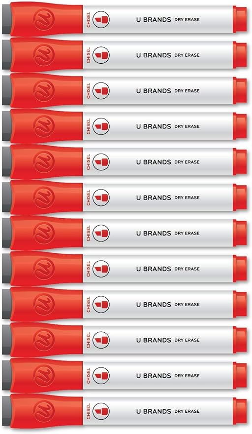 U Brands Fine Tip Dry Erase Markers with Eraser, Whiteboard Markers with Chisel tip, Low Odor, Red, Set of 12