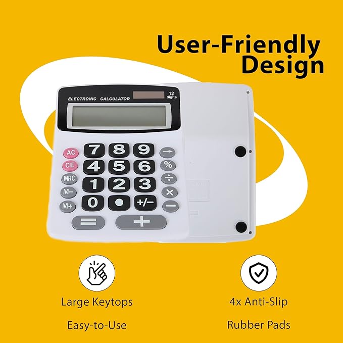 Lily' Home Jumbo 12 Digit, Solar Power, Large LCD Display - Desktop Calculator, Dual Power, Large Button Design, Battery Operation, Easy-to-Read Tilted, for Home, Office, School, Class & Business, 2PK