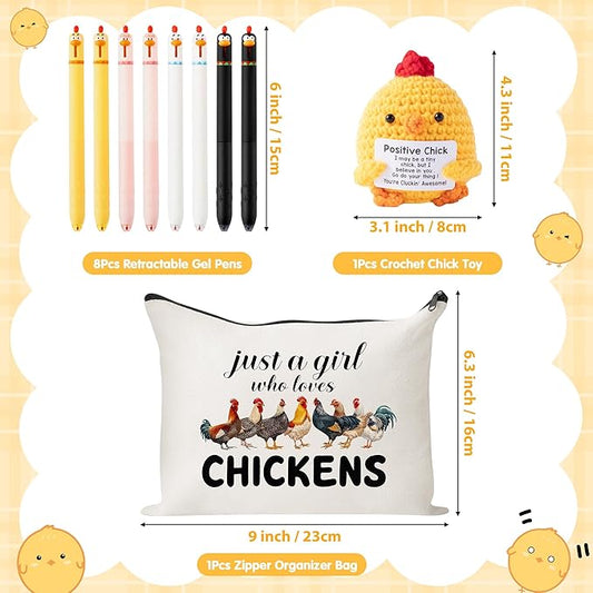 Funny Chicken Gift Accessories - 10Pcs Cute Knitted Chick Stress Relief Stationery Set Lovely Retractable Gel Pens Zipper Organizer Pen Pouch for Kids Birthday Party Gift Student Reward Supply