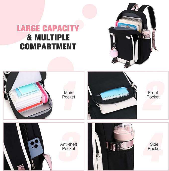 Bevalsa School Backpack for Girls, Backpack with Lunch Box & Pen Case, Bookbag for Girls Kids Elementary Middle High School Student 21L Children Schoolbag