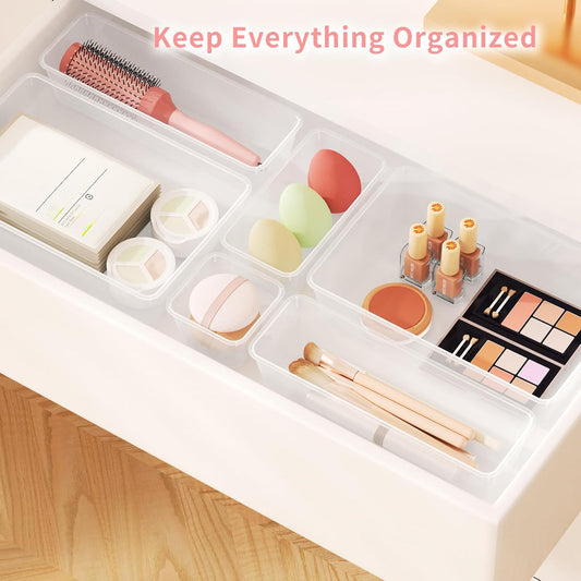 25 PCS Plastic Drawer Organizer Set, 4-size Clear Bathroom and Vanity Desk Drawer Organizer Trays, Non-Slip Versatile Storage Bins for Makeup Jewelry Office Kitchen Gadgets