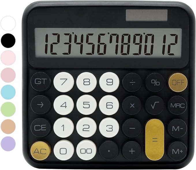 Standard 12 Digit Calculator with Large LCD Display and Big Buttons - Black Gold Office Accessories for Women's Desk