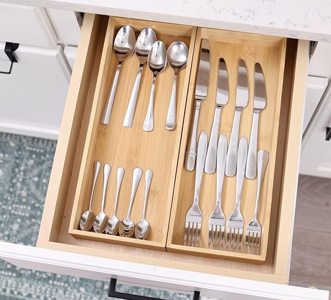 Fabsome Kitchen Utensil Drawer Organizer, Bamboo Silverware Cutlery Flatware Organizer Bins, Wooden Container Storage Trays for Bathroom Vanity Junk Drawer, 15" x 6" Set of 2