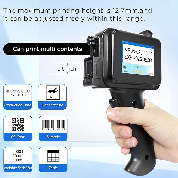Handheld Inkjet Printer with 42ml Quick-Drying Ink Cartridge, 0.5 Inch Nozzle Ink Jet Coding Machine for EXP Date/Batch Number/QR Code/Barcode/Logo/Text (ZM-C12mini) (Black)