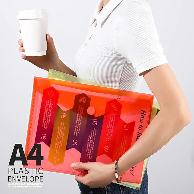 LEOBRO Plastic File Folders for Documents, 6 PCS Plastic Envelopes, Reusable Clear File Folders File Bags Document Holder, A4 Size