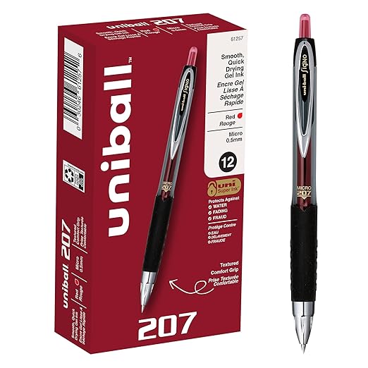 uniball Signo 207 Gel Pen, Retractable, Micro 0.5 Mm, Red Ink, Smoke/black/red Barrel, Dozen