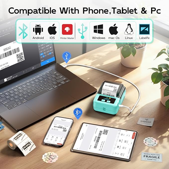 Phomemo M120 Label Maker Machine with Tape, 2 Inch Bluetooth Label Printer for Small Bussiness, Office, Home, School, Barcode Label Maker with Versatile App with 1000+Icons and 100 Fonts, Green