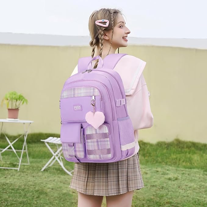 3PCS Student Backpack For School Women College Middle High Teen Girls Bookbag Waterproof Laptop Bag Plaid Purple