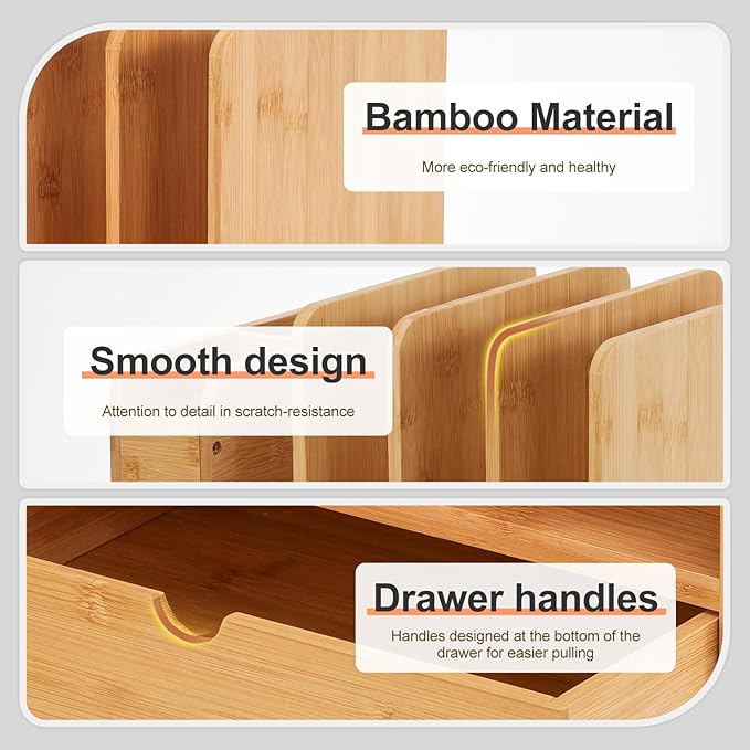 Homde Bamboo Desk Organizer with Drawer and File Holder, Office Organization for Desks with Adjustable Pen Holding, Desktop Letter Paper Tray Storage for Workplace Home School (Natural, L)