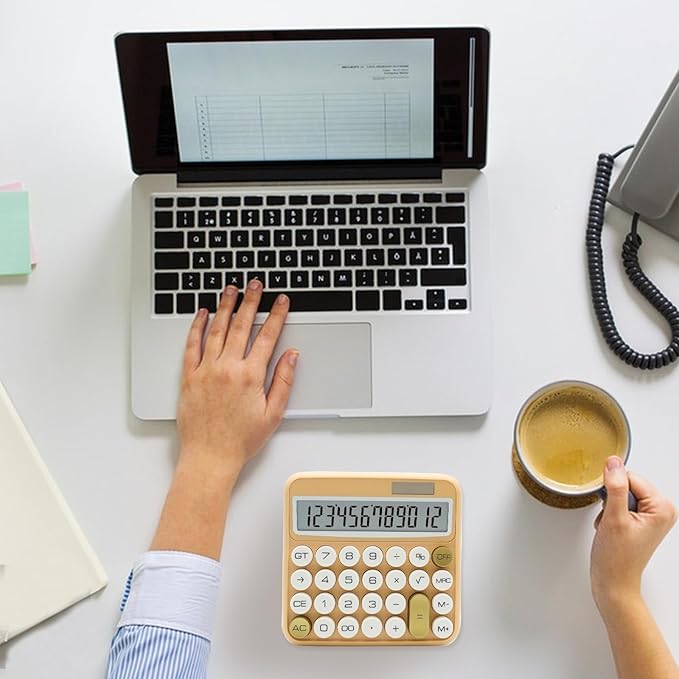 Beige Standard 12 Digit Calculator with Large LCD Display and Big Buttons - Cute Office, School, Home, Business Accessory