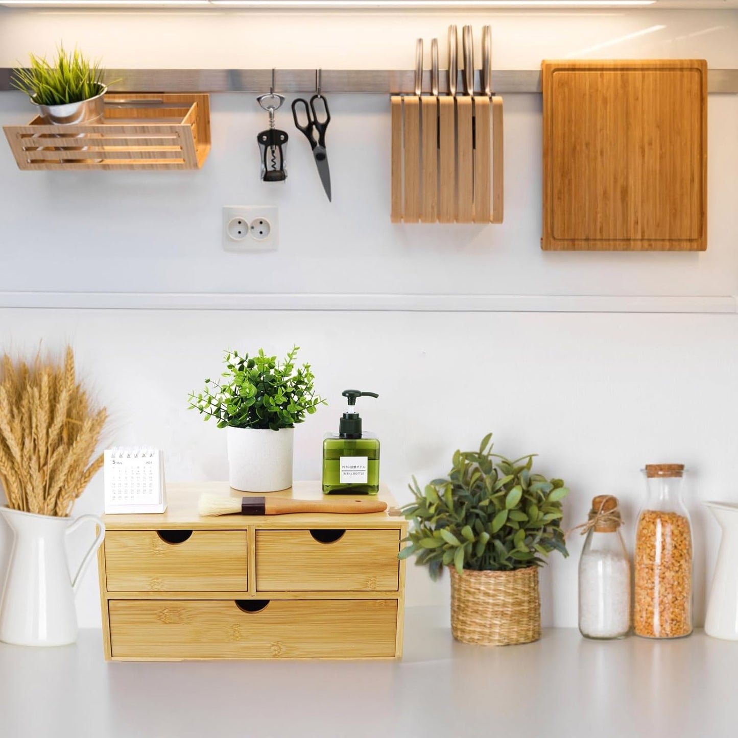 Bamboo Desk Organizer with 3 Drawers, Countertop Organizer with Drawers Makeup Storage Drawer 3 Drawers Tabletop Storage Organization Box Home Office Workspace