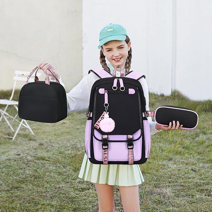 Bevalsa Backpack with Lunch Bag Bookbag Set for Girls Kids Middle High School College Student 21L Casual Daypack Children Schoolbag Bookbag with USB Charging Port (Purple)