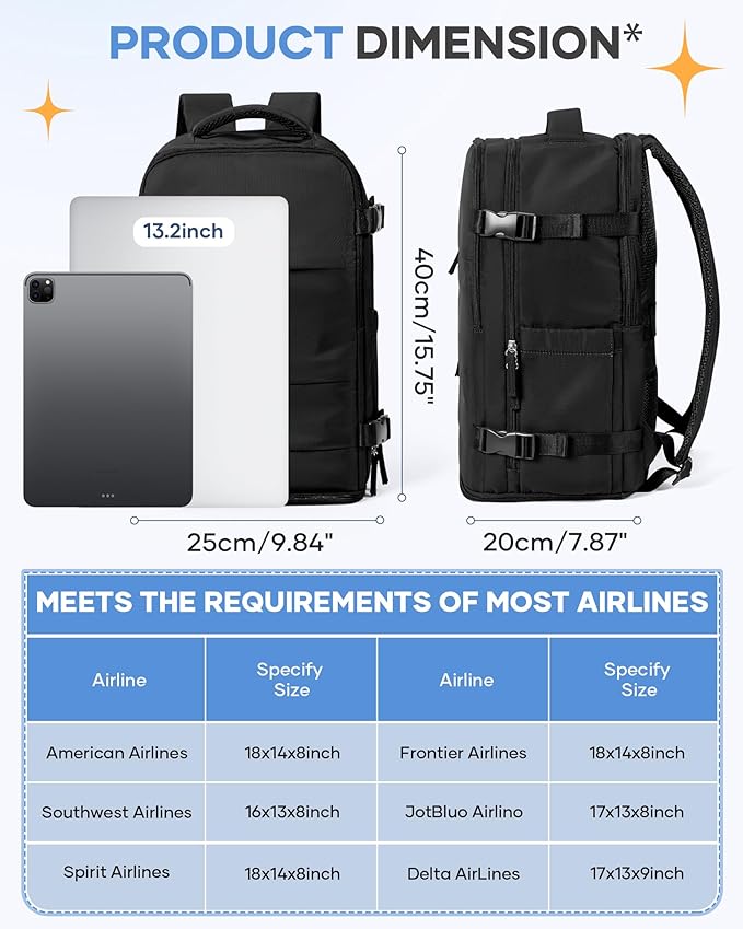 coofay Black Travel Backpack Carry on Flight Approved Mochila De Viaje Personal Item Backpack for Airlines Frontier Airlines Personal Item Bag Large Backpack for Travel Backpacks for Men Women