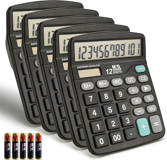 M&G Desk Calculator 12 Digit Office Calculators with Large LCD Display, Dual Solar Power and Battery, Recessed Big Button Calculator for Office Home School (Black, Pack of 5)
