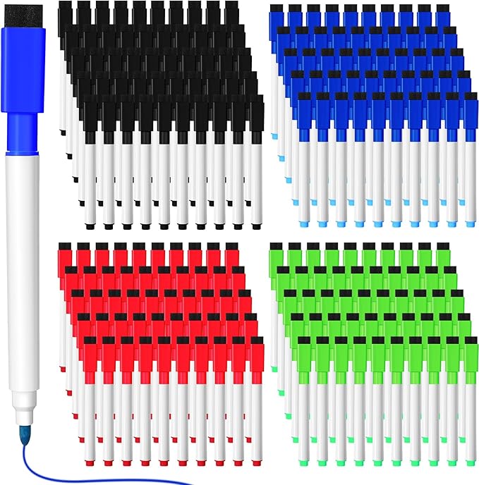 Kosiz 200 Pcs Magnetic Dry Erase Markers Fine Point Tip Whiteboard Markers with Eraser Cap Magnetic Dry Erase Pens Erasable Pens for Whiteboard Dry Boards(Black, Red, Blue, Green)