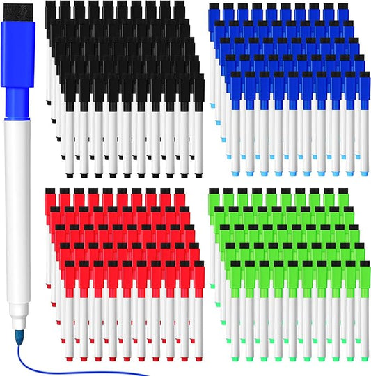 Kosiz 200 Pcs Magnetic Dry Erase Markers Fine Point Tip Whiteboard Markers with Eraser Cap Magnetic Dry Erase Pens Erasable Pens for Whiteboard Dry Boards(Black, Red, Blue, Green)