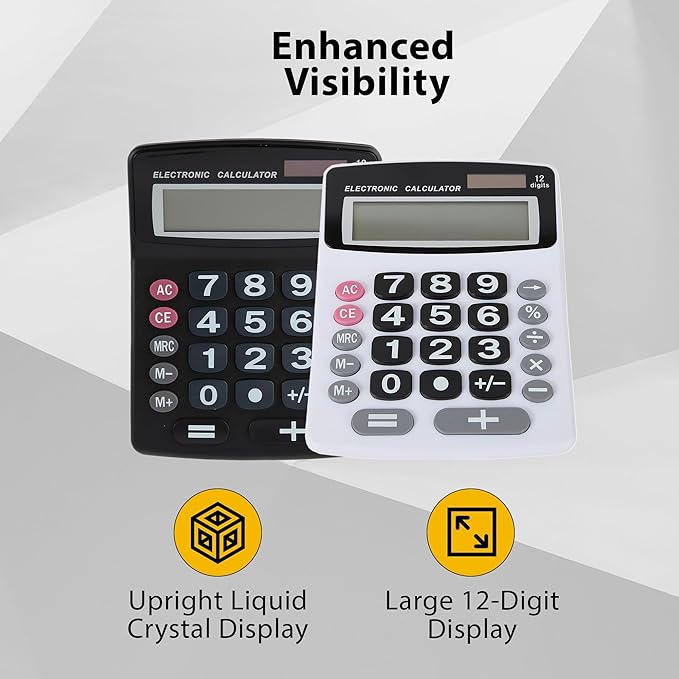 Lily' Home Jumbo 12 Digit, Solar Power, Large LCD Display - Desktop Calculator, Dual Power, Large Button Design, Battery Operation, Easy-to-Read Tilted, for Home, Office, School, Class & Business, 2PK