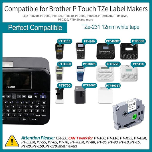 BOYEEZON 10Pack P Touch Tape 12mm 0.47 White Replacement for Brother TZ Tape TZe-231 Laminated White Label Maker Refills Compatible with Brother P Touch PTH110 PT-D200 PTD600 PTD220 Label Maker