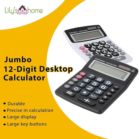 Lily' Home Jumbo 12 Digit, Solar Power, Large LCD Display - Desktop Calculator, Dual Power, Large Button Design, Battery Operation, Easy-to-Read Tilted, for Home, Office, School, Class & Business, 2PK